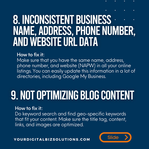 local seo mistakes - inconsistent NAP and website url and not optimizing blog content