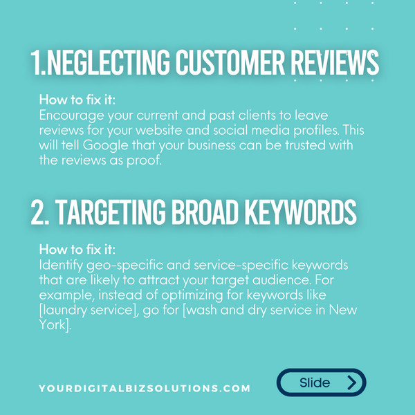 SEO mistakes - neglecting customer reviews and targeting broad keywords