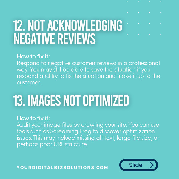 local seo mistakes - Not acknowledging negative reviews and unoptimized images