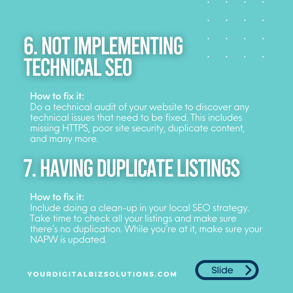 Local SEO mistakes - Not implementing technical SEO and having duplicates listings